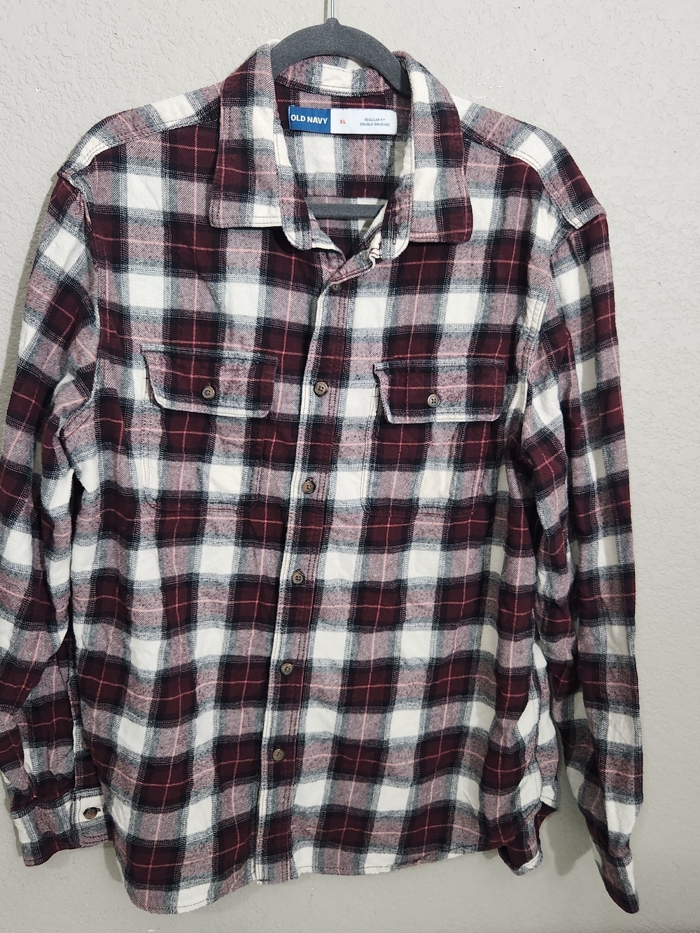 Old Navy Men's Burgundy & White Plaid Flannel Shirt